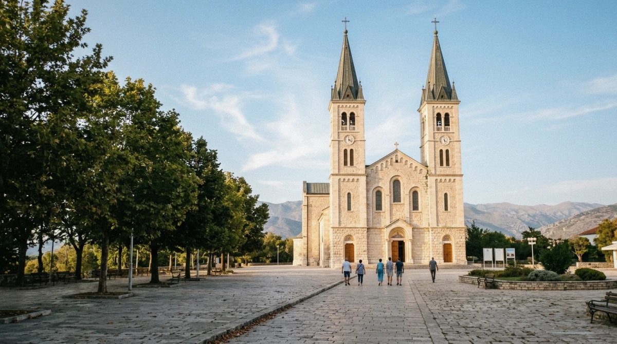 Pilgrims gathered outside St James Church in Medjugorje ahead of the evening prayer programme
