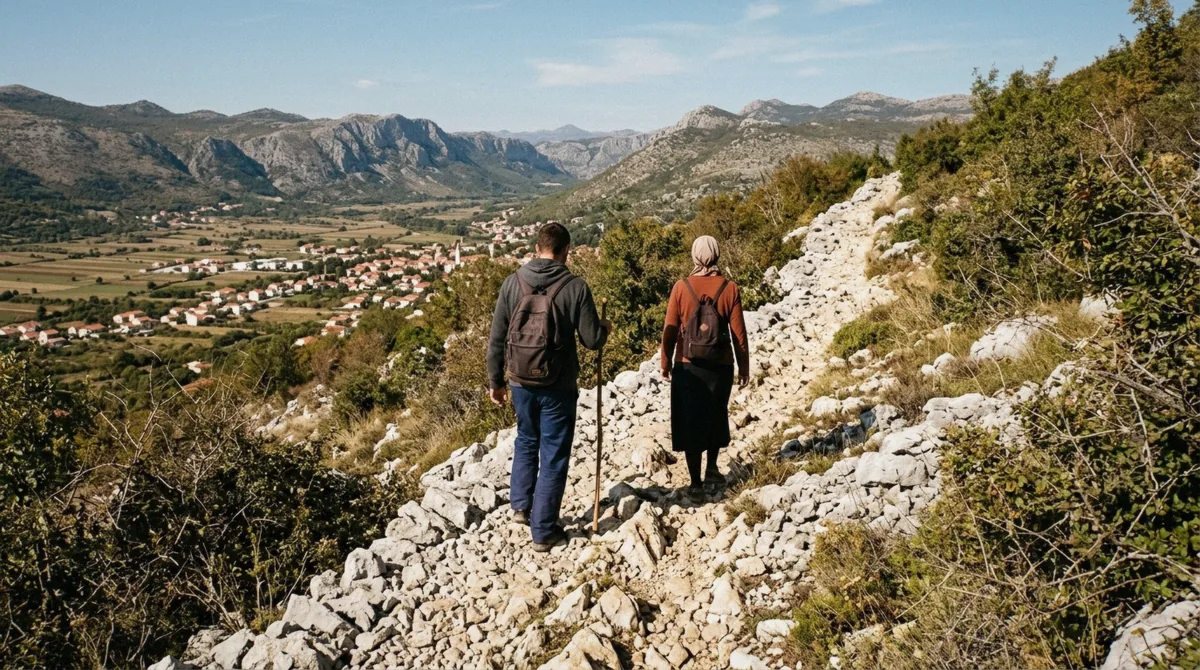 Apparition Hill and Cross Mountain rising above the village of Medjugorje in the Herzegovina countryside