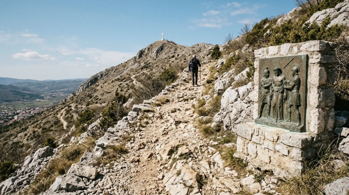 The rocky switchback path leading up Cross Mountain toward the summit cross above Medjugorje