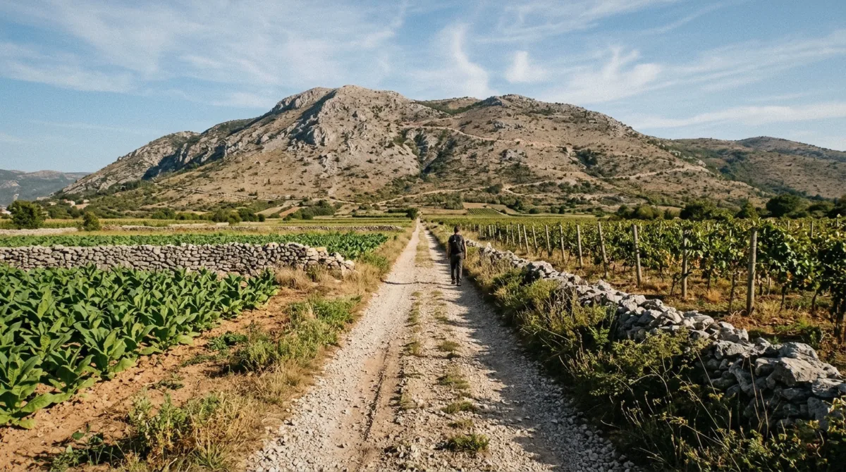 Fields and the road into the village of Medjugorje beneath the hills of Apparition Hill and Cross Mountain